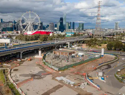 Aerial city view of Melbourne showing roads and buildings 